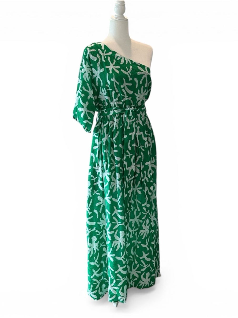 Entro NWT Green One-Shoulder Printed Midi Dress with Slit Sz L - Picture 2 of 10
